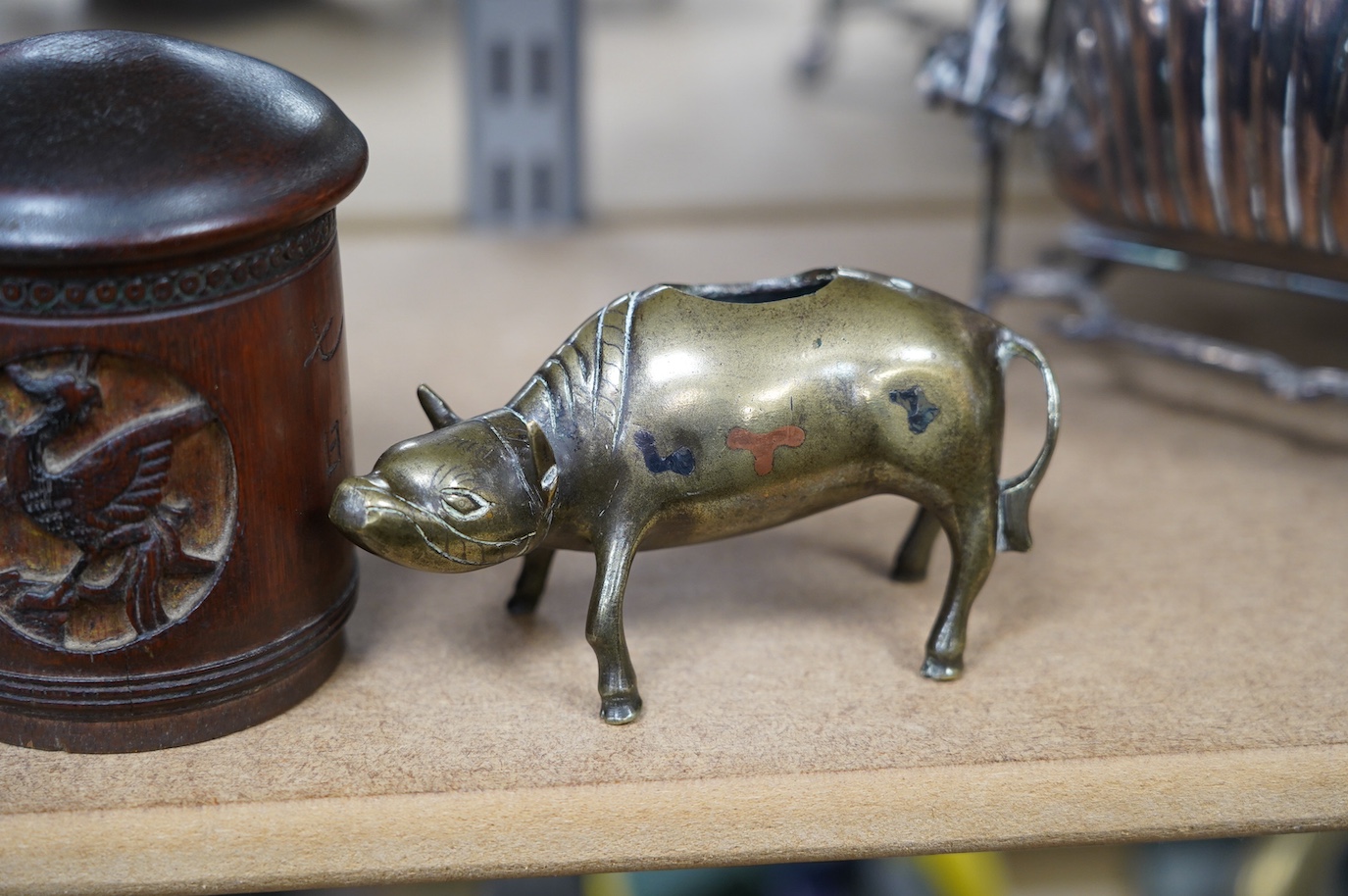 Two 19th century Chinese bronze, copper and silver inlaid censers in the form of animals and a bamboo tea caddy, largest 14cm high. Condition - fair